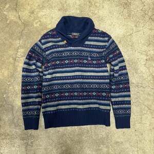 Hazzys Shawl Collar Fair Isle Nordic striped Sweater Size 100 Navy Blue